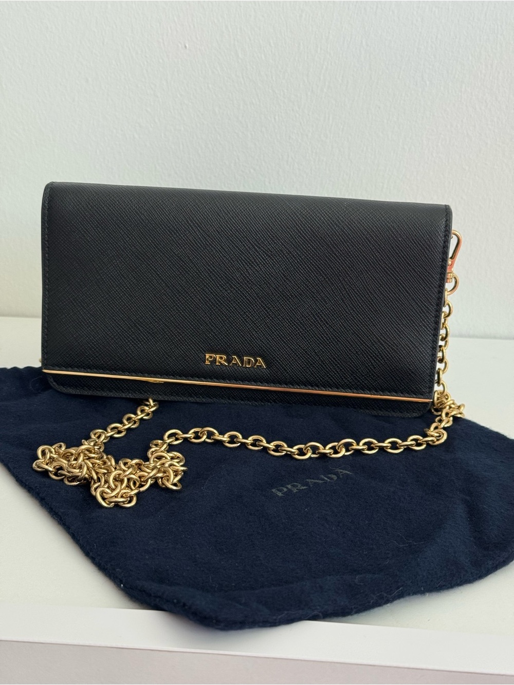 Prada Black Saffiano Leather Chain Crossbody with Gold Hardware